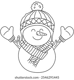 Boneco de neve com cachecol usa um gorro de tricô de chapéu earflap e linha mitten esboço rabiscar desenho desenhado à mão. Feitas por humanos. Não gerado pela IA.