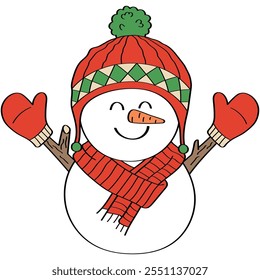 Boneco de neve com cachecol usa um gorro de tricô com gorro e mitra. Em estilo preenchido esboço doodle desenho desenhado à mão. Feitas por humanos. Não gerado pela IA.