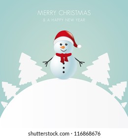 snowman with scarf white tree background world