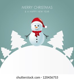 snowman with scarf white tree background world