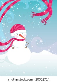 Snowman with a scarf in wind