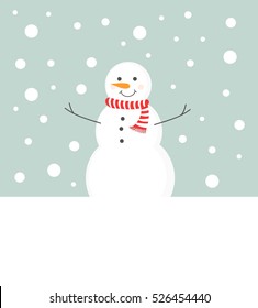 Snowman in scarf in winter scenery background