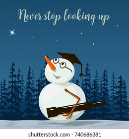 Snowman scientist. stargazer, astronomer. landscape with silhouette of forest at night. Sky, stars, wood, trees, mist, great bear. telescope, glass, Shadows. Vector illustration. For prints, posters,