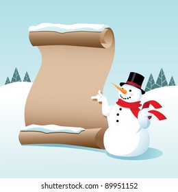 Snowman with Scroll A cute snowman points to your message on a blank scroll. EPS 8 vector, grouped for easy editing. No open shapes or paths.