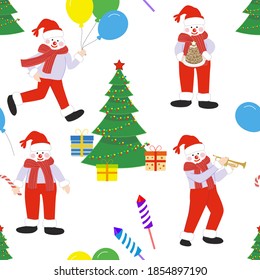 Snowman seamless pattern background, Christmas vector illustration