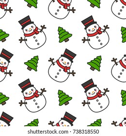 Snowman Seamless Pattern Background with Pine Tree, Christmas Vector illustration