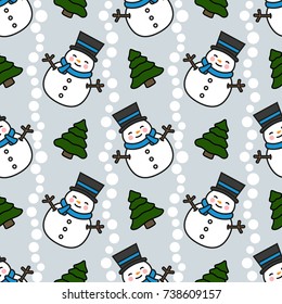 Snowman Seamless Pattern Background with Pine Tree, Christmas Vector illustration