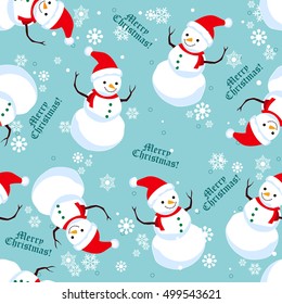 A snowman seamless pattern in blue red turquoise and white background for Christmas holiday.
