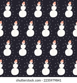 Schneemann nahtloses Muster. Weihnachtshintergrund, Vektorgrafik. Einwickelpapier für Neujahr, Textilien, Babytragetablage. Weiße und schwarze Farben
