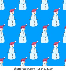 Snowman seamless pattern. Christmas and New Year background with snowmen. Holiday hand drawn wallpaper. EPS 8