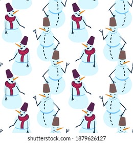 Snowman seamless pattern. Christmas and New Year background with snowmen. Holiday hand drawn wallpaper. EPS 8