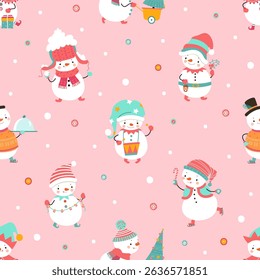 Snowman seamless pattern. Christmas, new year, winter holidays characters. Decorative print for fabric and wrapping, nowaday vector background
