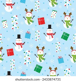 snowman seamless pattern design on blue color background