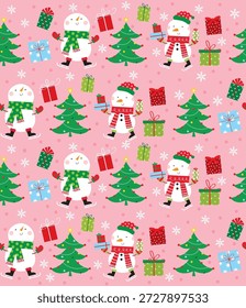 snowman seamless pattern design on pink color background