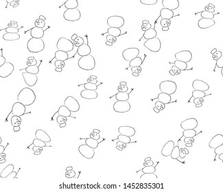 Snowman Seamless Pattern. Doodle Scribble Childish Drawing. Winter Christmas Illustration. Black and White Stylish Winter Design. Snowman Vector Print. Hand Drawn Sketch. Xmas Character. Cartoon Pic. 