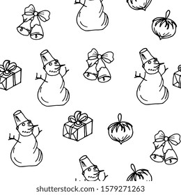snowman seamless pattern. Festive background with Christmas decorations, bells, holiday boxes. Hand drawing doodle, sketch.