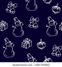 snowman seamless pattern. Festive background with Christmas decorations, bells, holiday boxes. Hand drawing doodle, sketch.