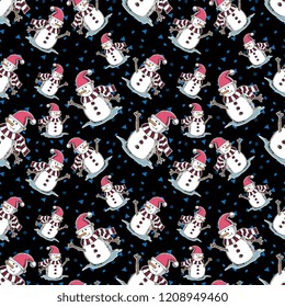 Snowman seamless pattern with hand drawn style. Vector illustration for fashion wrapping and textile print.