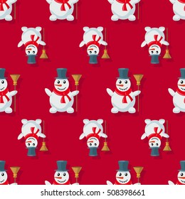 Snowman, seamless pattern, image of funny light blue  with orange nose, in a black tall hat and red scarf, with a broom in his hand. Winter, Holiday, Christmas, New Year. Vector Illustration.