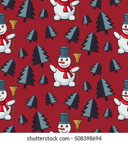 Snowman, seamless pattern, image of funny light blue  with orange nose, in a black tall hat and red scarf, with a broom in his hand. Winter, Holiday, Christmas, New Year. Vector Illustration.