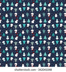 A snowman seamless pattern in navy blue, blue, red, turquoise and white background for Christmas holiday.
