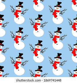 Snowman seamless pattern on the blue background. Vector illustration