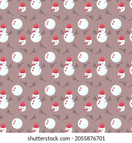 Snowman seamless pattern on brown backdrop. Christmas festive background. New year flat vector illustration.