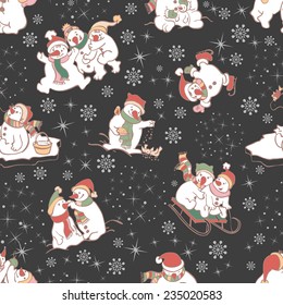 Snowman seamless pattern on dark background. Vector illustrations. Template for christmas winter design.