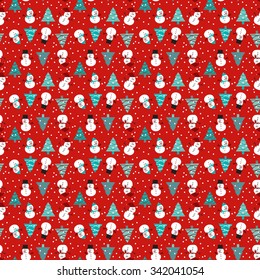 A snowman seamless pattern in red, blue, turquoise and white background for Christmas holiday.
