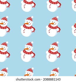 Snowman seamless pattern. Vector pattern with cartoon snowman.