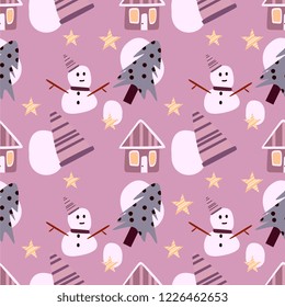 Snowman seamless pattern vector with childish drawing style for christmas and winter season. Good for your fashion textile print and wrapping.