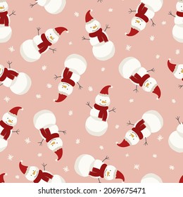 Snowman seamless pattern vector digital background on pink. Winter digital paper for fabric, wrapping paper, textile.