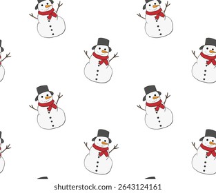 Snowman Seamless pattern. Vector graphic line ink illustration. Kids Outdoor Fun. Happy Winter Holiday season. Frosty Cute Snow man Character For logo, web, package, sticker.