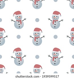 Snowman seamless pattern vector on isolated white background. Cute snowmans with decorative dots. New year and winter concept design.