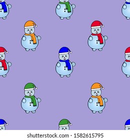 Snowman. Seamless vector pattern. An endlessly repeating ornament. Isolated lilac background. Christmas. New Year. Idea for web design, wallpaper, cover, packaging, textiles. Cartoon style. Character.