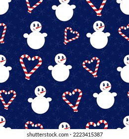 Snowman. Seamless vector pattern with stylized snowmen and heart-shaped candy canes. Winter pattern