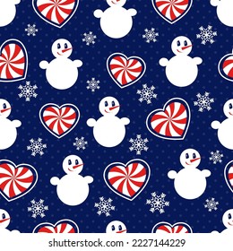 Snowman. Seamless vector pattern with stylized snowmen, heart-shaped candy canes and snowflakes. Winter pattern