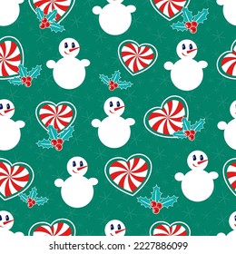 Snowman. Seamless vector pattern with stylized snowmen, mistletoe and heart-shaped candy canes. Winter pattern