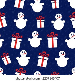 Snowman. Seamless vector pattern with stylized snowmen and gift boxes. Winter pattern