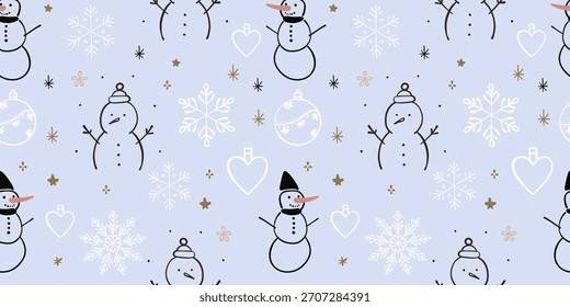 Snowman seamless winter pattern with cute hand drawn snowmen, snowflakes, Christmas ornaments and hearts on light blue background, festive cartoon holiday vector wallpaper for kids, wrapping paper
