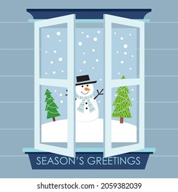 Snowman seen from the window for christmas card, gift bag or box design