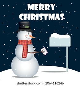 Snowman sends a letter to Santa Claus. Mailbox. Winter. Night. Snowfall. Merry christmas and new year. Holiday. Celebration. Snow. Cartoon style. Tradition. Stock Vector Illustration.