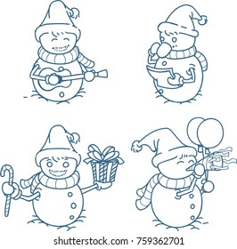 Snowman set character. Line drawing of snowman in different action. Welcome christmas and new year holidays. Vector cartoon illustrations.