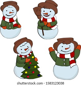 
snowman set. Snowman with a Christmas tree. Snowman with a broom, a cheerful snowman.