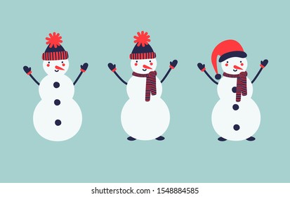 Snowman set. Cute character design waving and greeting. Cartoon flat style. Vector illustration
