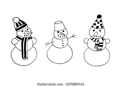 snowman set hand drawn doodle. vector, scandinavian, nordic, minimalism, monochrome. icon, sticker decor card christmas new year winter