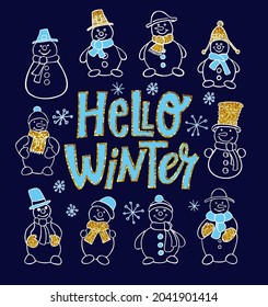 Snowman Set. Image of white snowmen on a dark background. Winter Christmas snowman  vector illustration. Hello winter! Lettering.