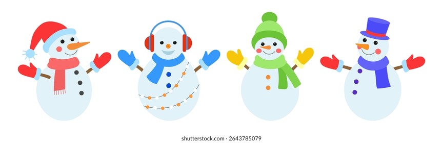 Snowman set isolated on a white background. Colored icon, vector illustration in a flat style. Funny snowmen with cap, scarf and mittens.