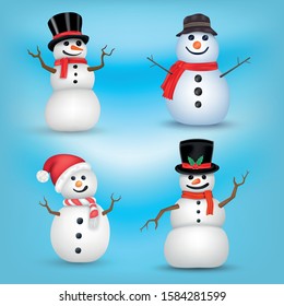 Snowman set on blue background vector illustration for Christmas and New Year festival.