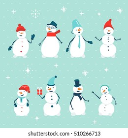 Snowman set on winter background with snowflakes